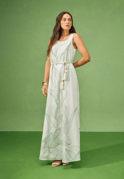 Vestido Longo Estampado com Cinto - Bana Bana
