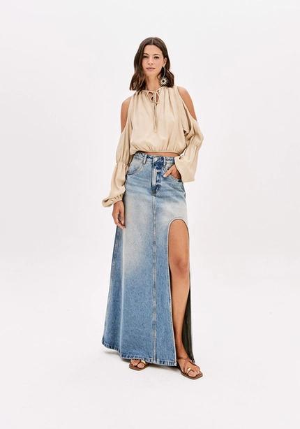 Saia Longa Jeans Com Fenda – Myft