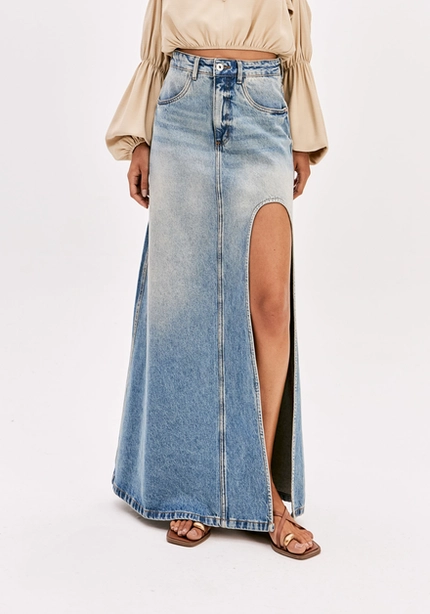 Saia Longa Jeans Com Fenda – Myft