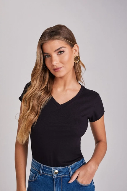 Blusa Manga Curta com Decote V Feminina - Yexx