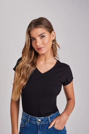 Blusa Manga Curta com Decote V Feminina - Yexx